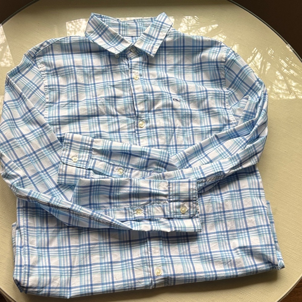 NWOT Vineyard Vines boys L (16) Classic Blue & White Plaid Button-Up Shirt